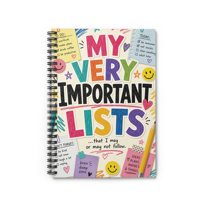 My Very Important Lists Spiral Notebook | Ruled Journal, Colorful Checklist Design