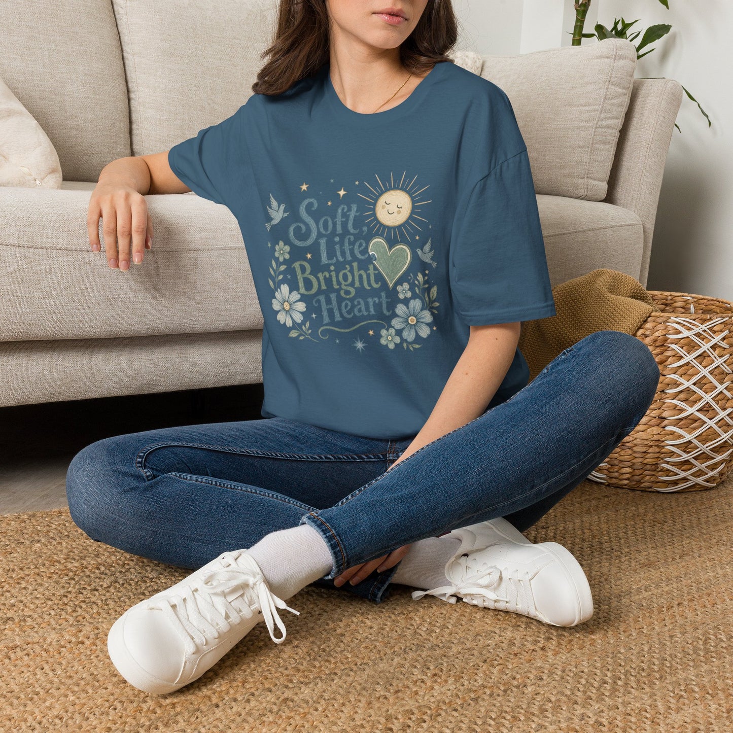 Soft Life Bright Heart T-Shirt | sun, doves, floral graphic