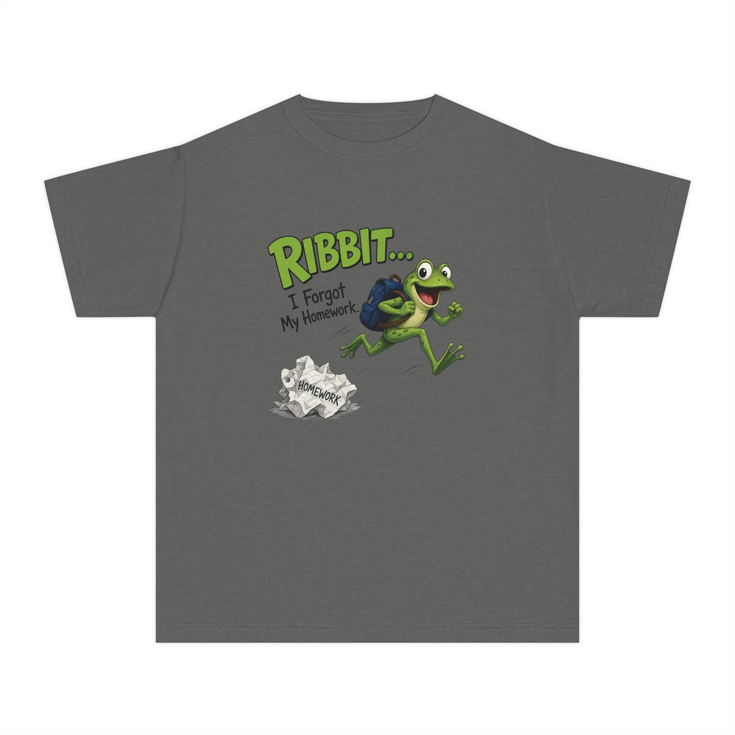 Ribbit Frog Character Youth Tee | Funny Forgot My Homework Design