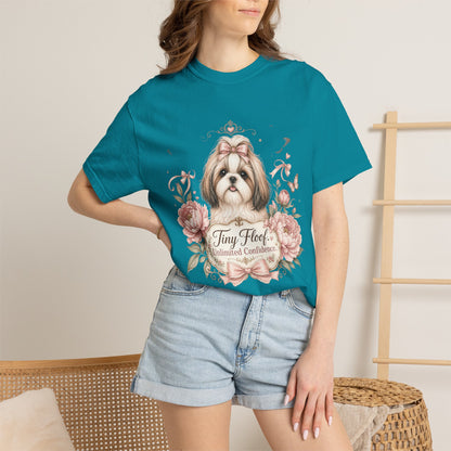 Shih Tzu Floral Portrait T-Shirt | Tiny Floof Illustration, Pink Roses