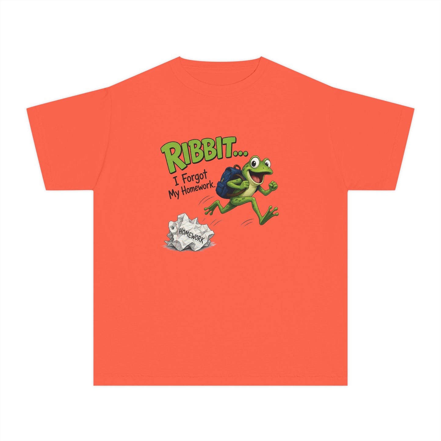 Ribbit Frog Character Youth Tee | Funny Forgot My Homework Design