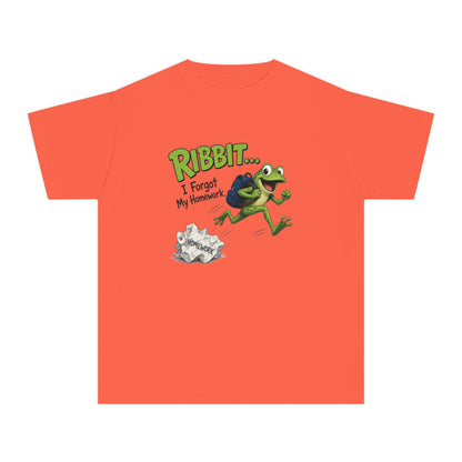 Ribbit Frog Character Youth Tee | Funny Forgot My Homework Design