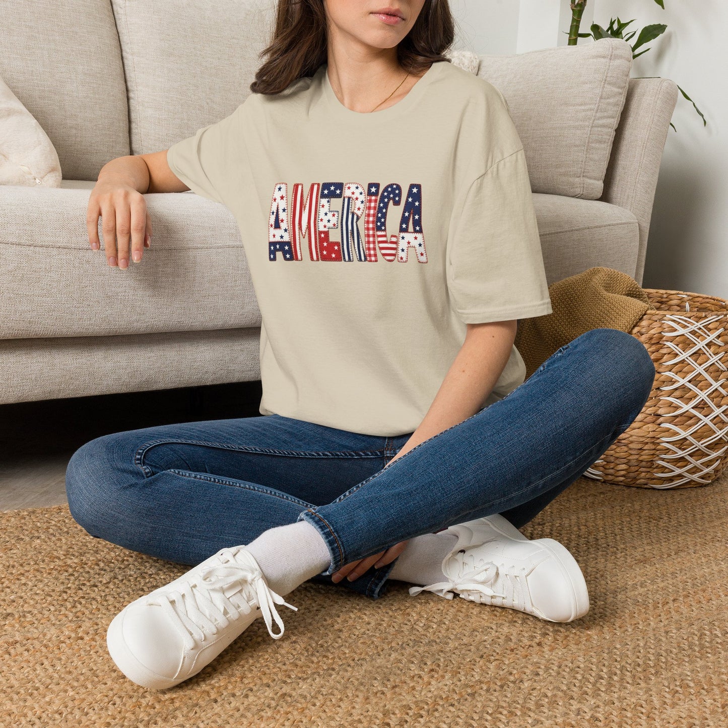American Flag Patchwork Style Letters T-Shirt | Patriotic Fourth of July Tee