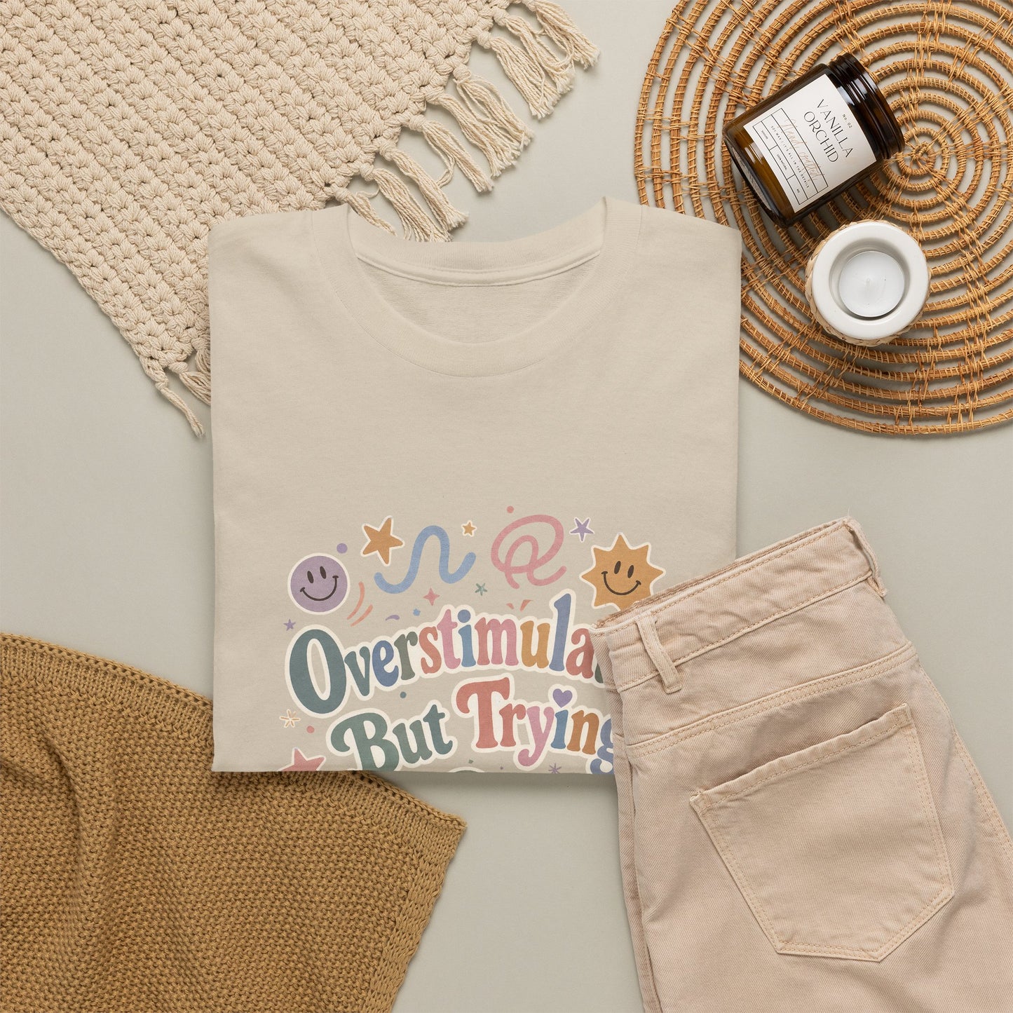Overstimulated But Trying tee | Funny Mental Health Shirt, Cute Retro Doodles