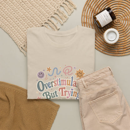 Overstimulated But Trying tee | Funny Mental Health Shirt, Cute Retro Doodles