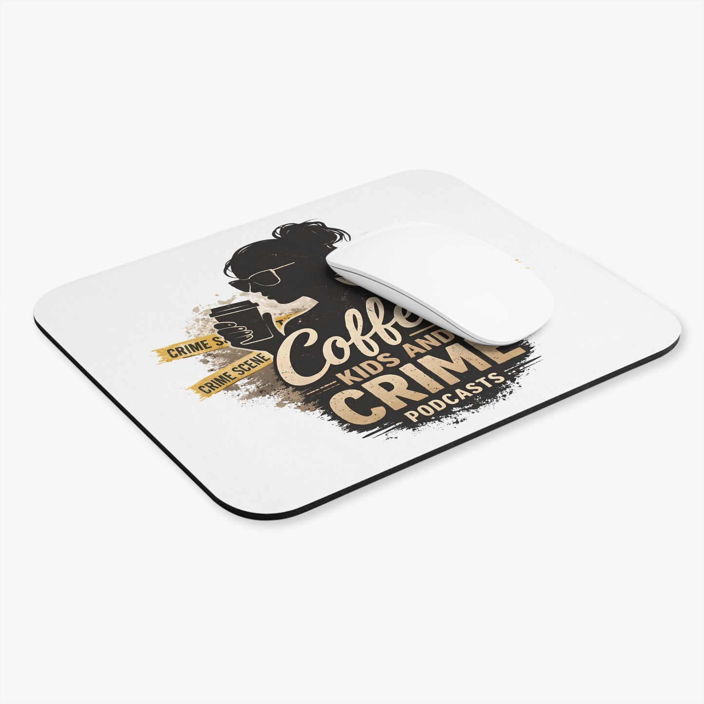Coffee Kids and Crime Podcast Mouse Pad | True Crime, Coffee Lover Desk Mat