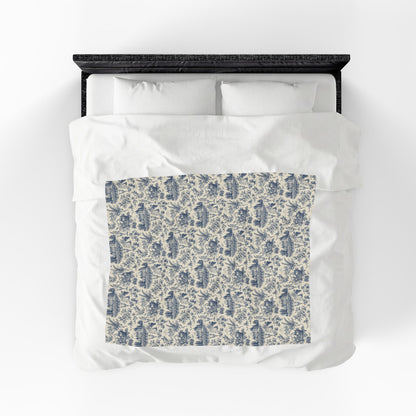 French Harvest Toile Landscape Velveteen Plush Blanket | Vintage Cottage Pattern