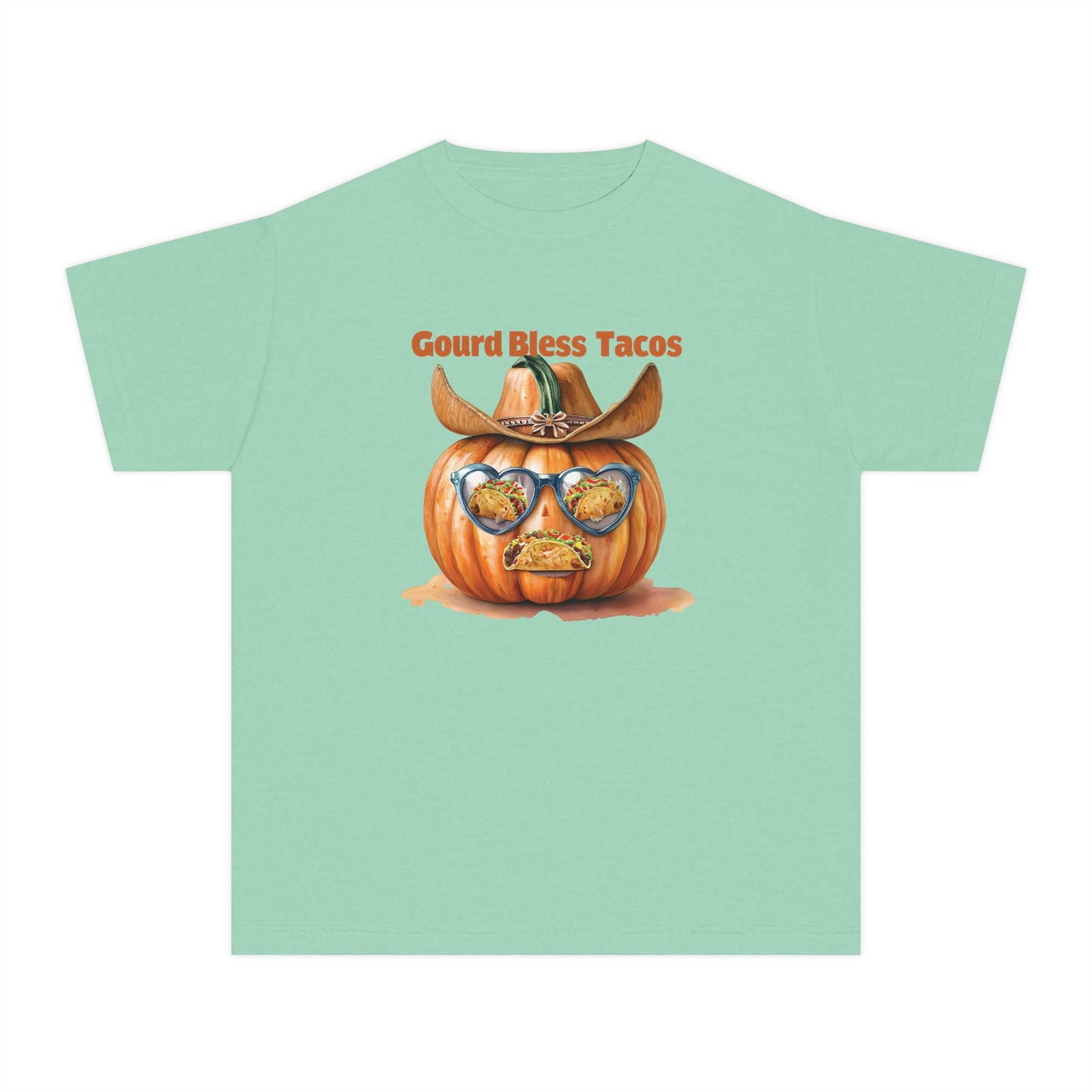 Whimsical Fall Youth Tee - Gourd Bless Tacos, Halloween Shirt, Kids Autumn Apparel, Thanksgiving Humor Top, Funny Seasonal Gift