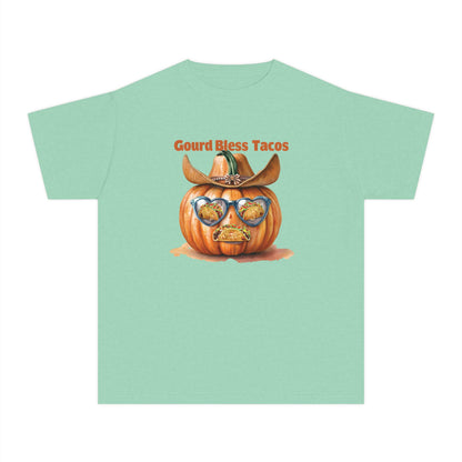 Whimsical Fall Youth Tee - Gourd Bless Tacos, Halloween Shirt, Kids Autumn Apparel, Thanksgiving Humor Top, Funny Seasonal Gift