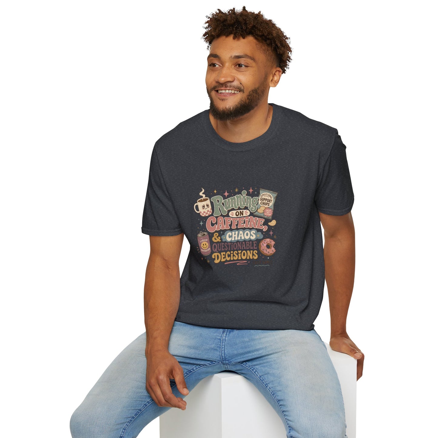 Running on Caffeine & Chaos T-Shirt | Coffee Mug Donut Illustration