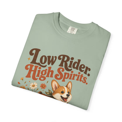 Low Rider High Spirits Corgi T-Shirt | Running Corgi Illustration, Autumn Leaves