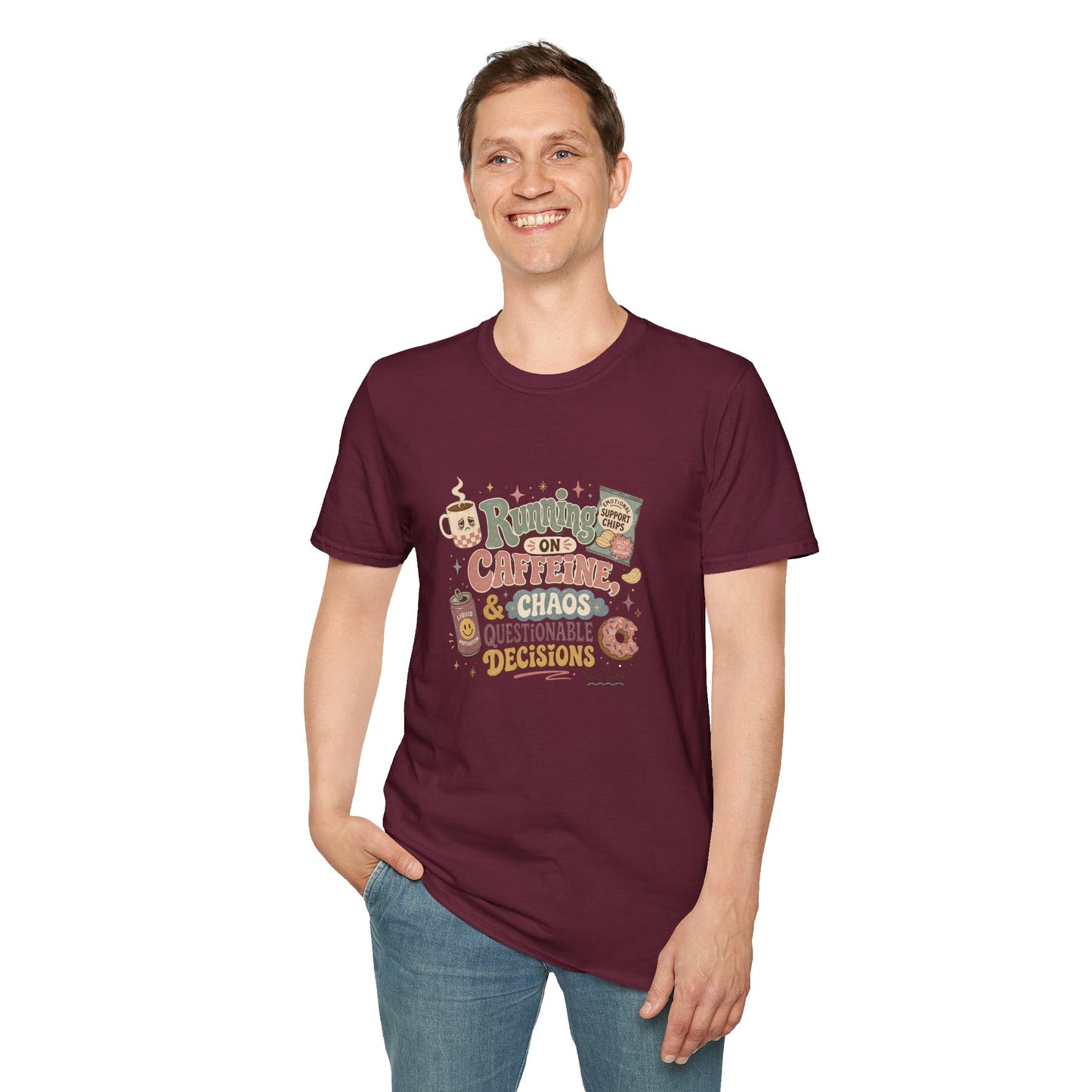 Running on Caffeine & Chaos T-Shirt | Coffee Mug Donut Illustration