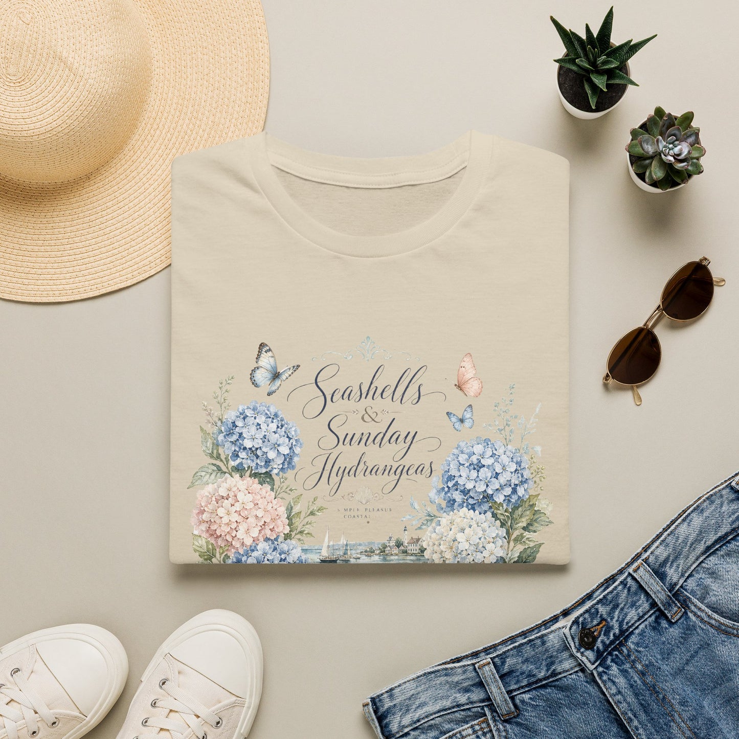 Seashells & Sunday Hydrangeas T-Shirt | Floral Coastal Cottage Shirt
