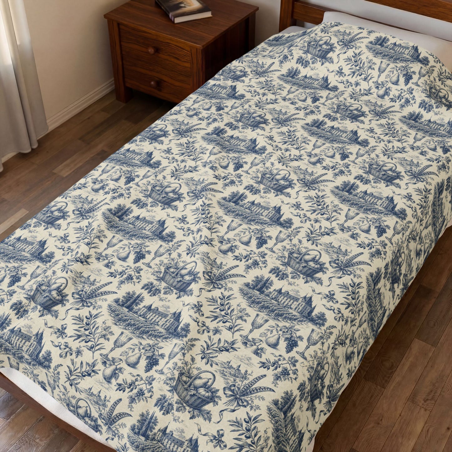 French Harvest Toile Landscape Velveteen Plush Blanket | Vintage Cottage Pattern
