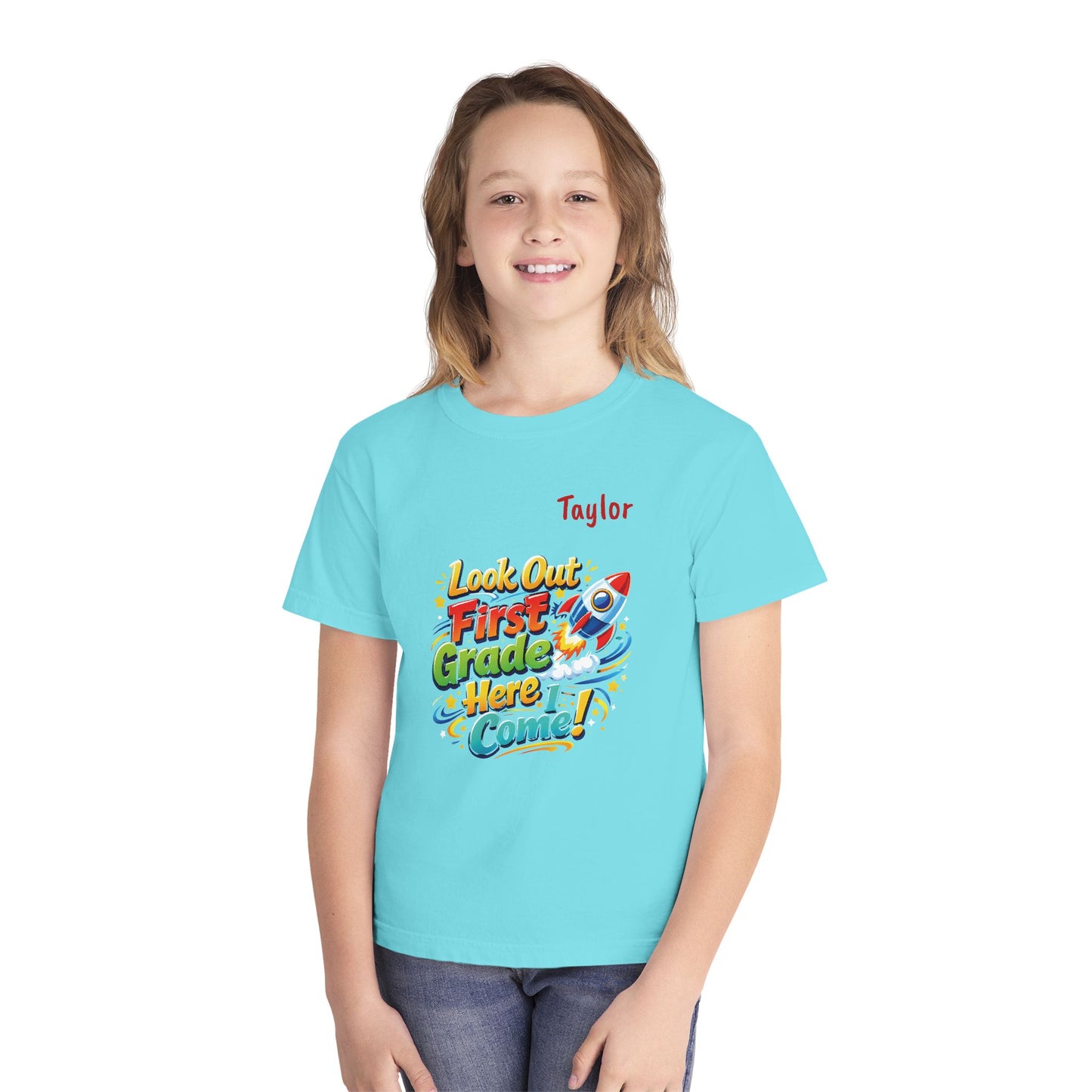 First Grade Here I Come Youth Tee | Rocket Back to School Shirt