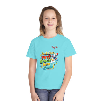First Grade Here I Come Youth Tee | Rocket Back to School Shirt