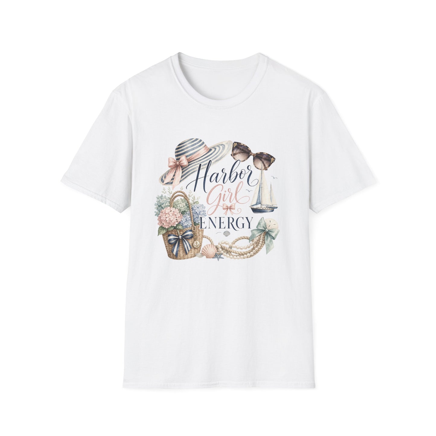 Harbor Girl illustration T-Shirt | Nautical hat, sailboat, seashells