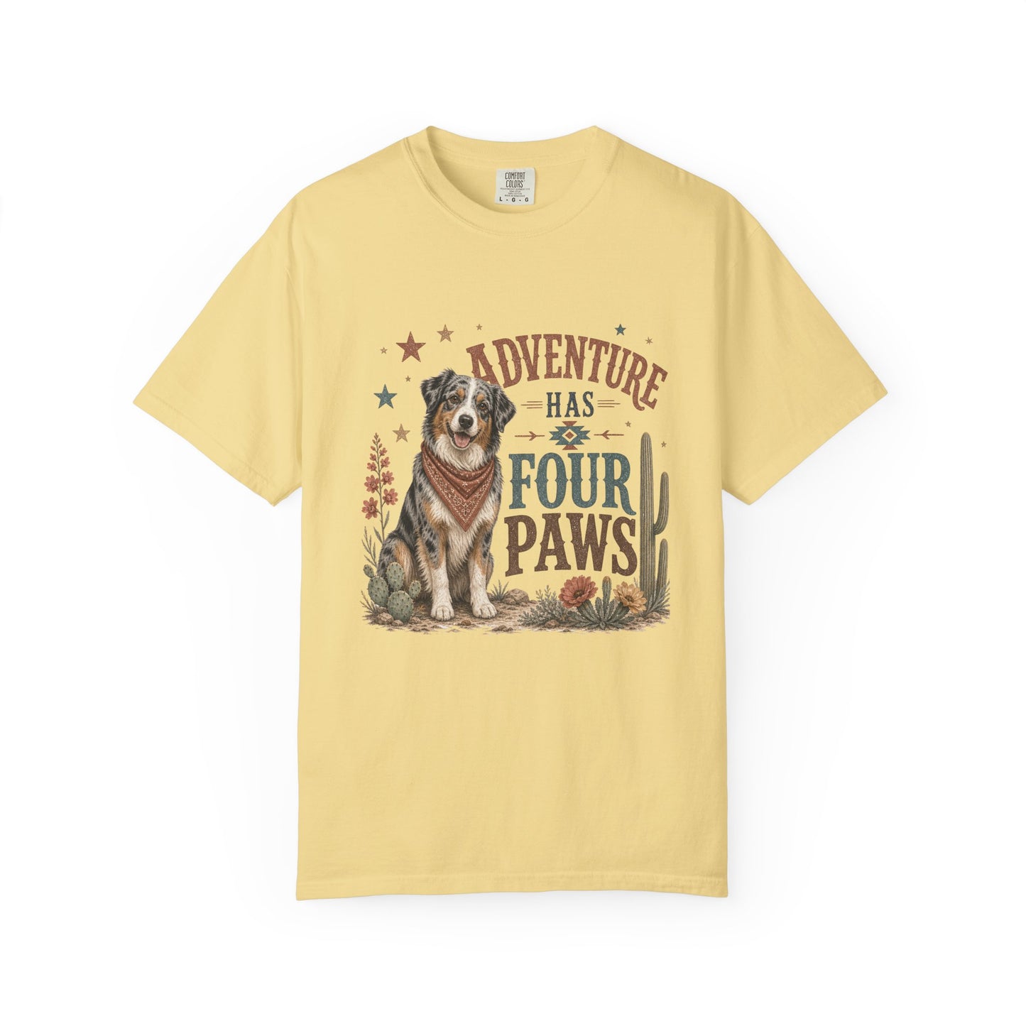 Adventure Has Four Paws T-Shirt | Australian Shepherd Design