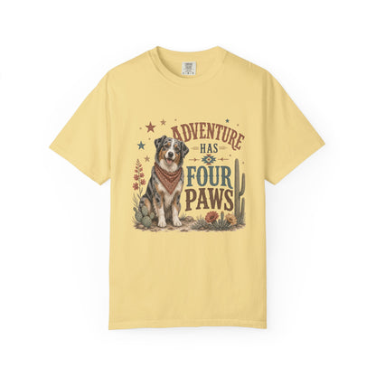 Adventure Has Four Paws T-Shirt | Australian Shepherd Design