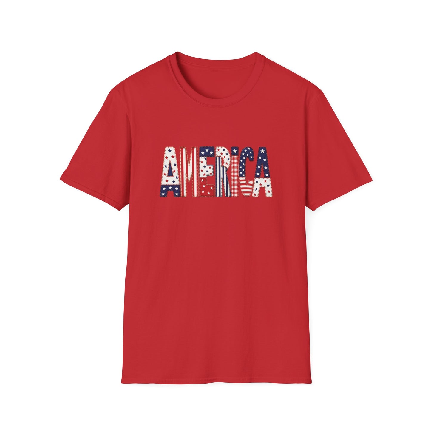 American Flag Patchwork Style Letters T-Shirt | Patriotic Fourth of July Tee