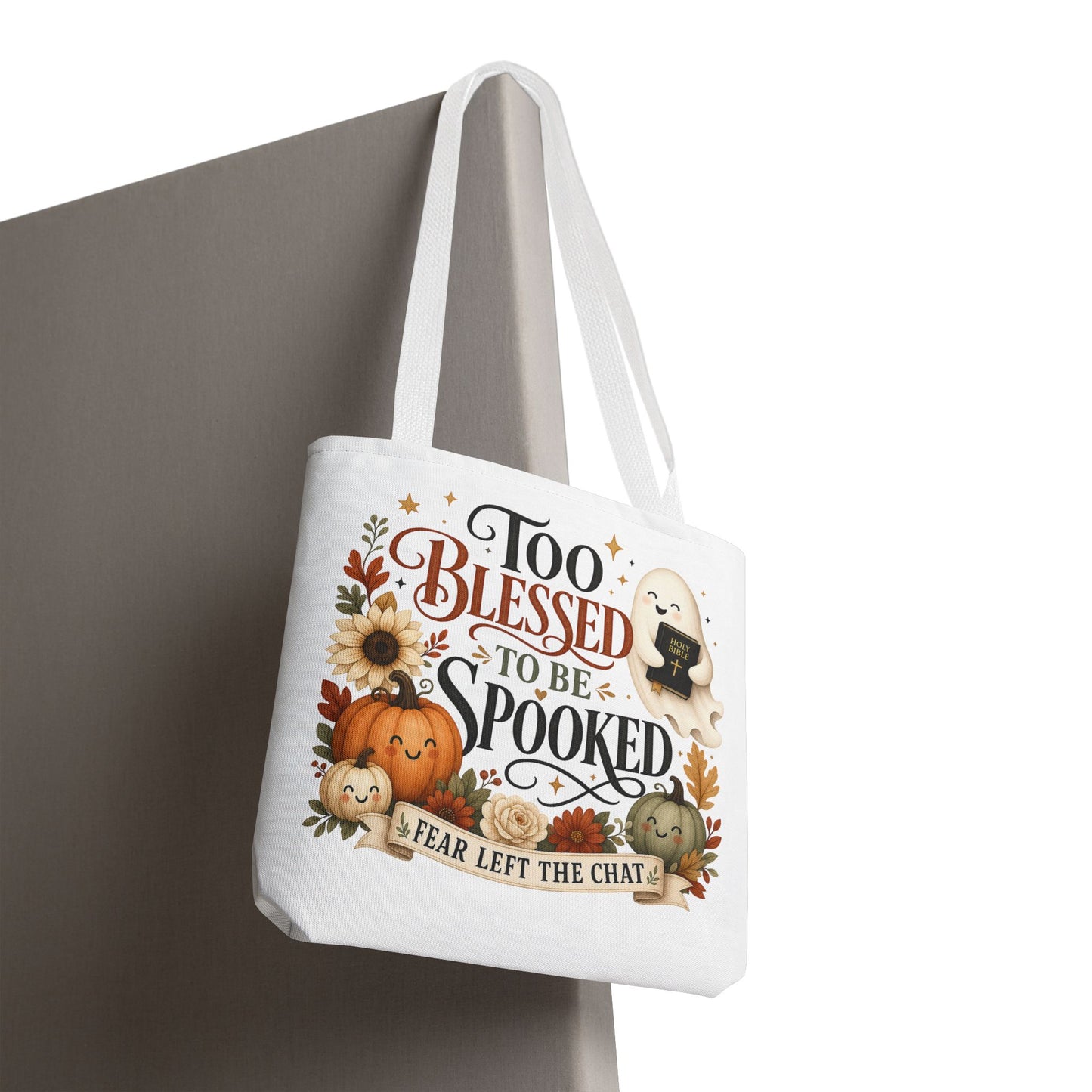 Too Blessed to Be Spooked Tote Bag | Halloween Pumpkin Ghost Fall Leaves