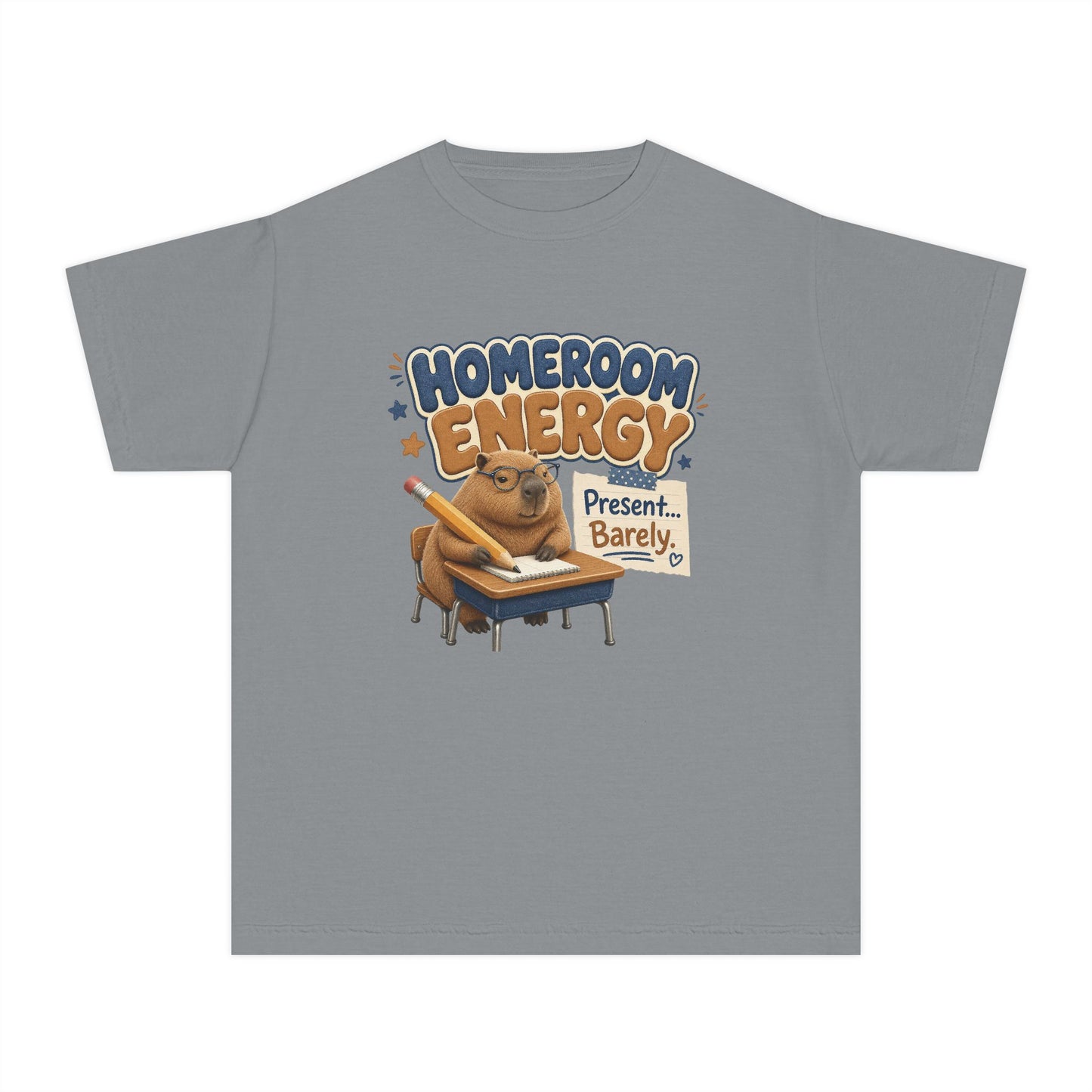 Homeroom Energy Sloth on Desk Youth Tee | Funny School Illustration