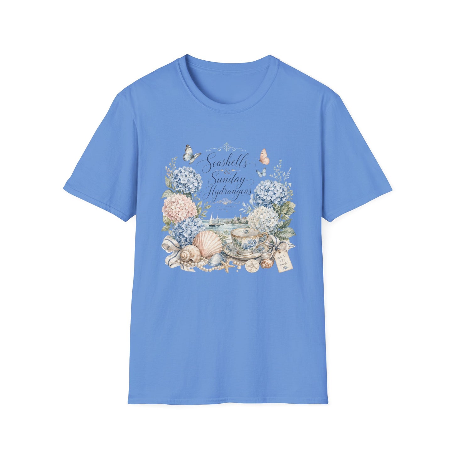 Seashells & Sunday Hydrangeas T-Shirt | Floral Coastal Cottage Shirt