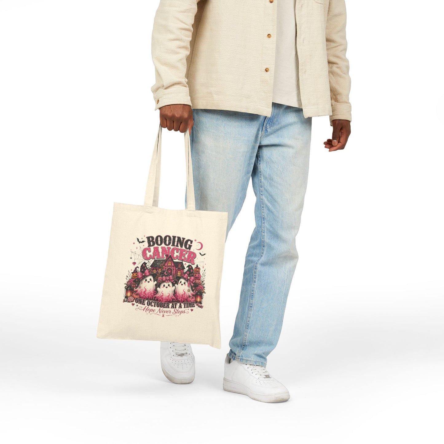 Booing Cancer Tote Bag | Halloween Ghosts, October Awareness