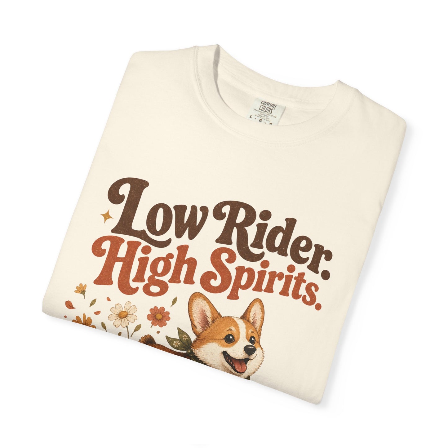 Low Rider High Spirits Corgi T-Shirt | Running Corgi Illustration, Autumn Leaves