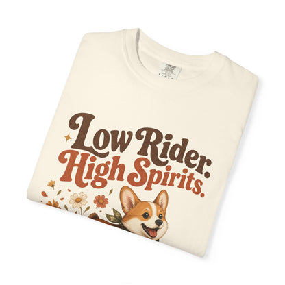 Low Rider High Spirits Corgi T-Shirt | Running Corgi Illustration, Autumn Leaves