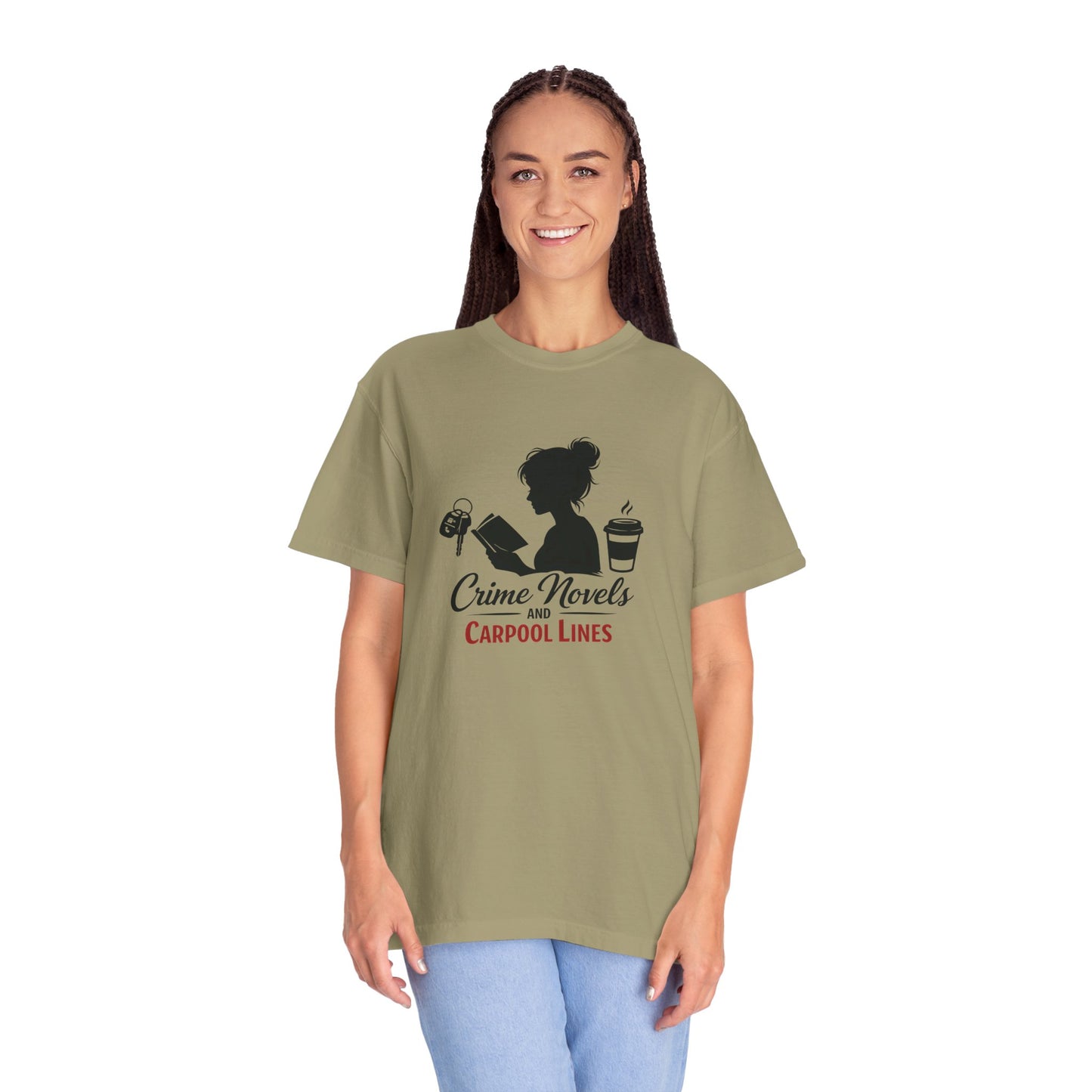 Crime Novels and Carpool Lines T-shirt | Reading Mom Silhouette, Coffee Graphic