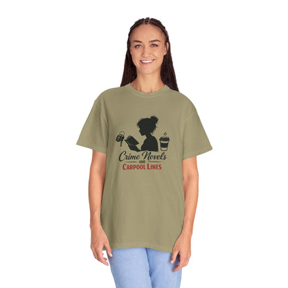 Crime Novels and Carpool Lines T-shirt | Reading Mom Silhouette, Coffee Graphic