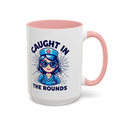Nurse Coffee Mug, Cute Nursing Gift, Healthcare Appreciation, Fun Spider Design, Caught in the Rounds Mug