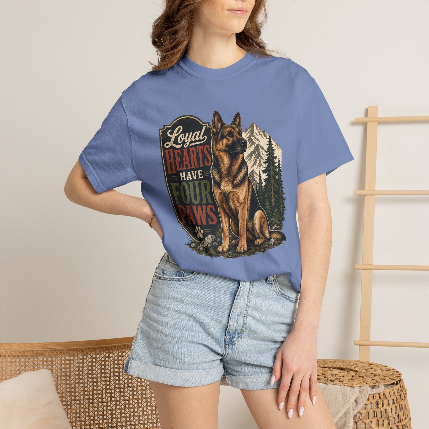 Loyal Hearts Have Four Paws German Shepherd T-shirt | Mountain Forest Dog Design