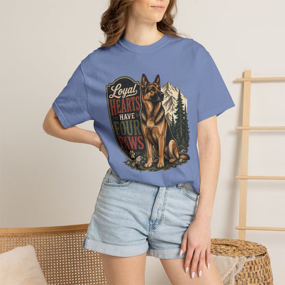 Loyal Hearts Have Four Paws German Shepherd T-shirt | Mountain Forest Dog Design
