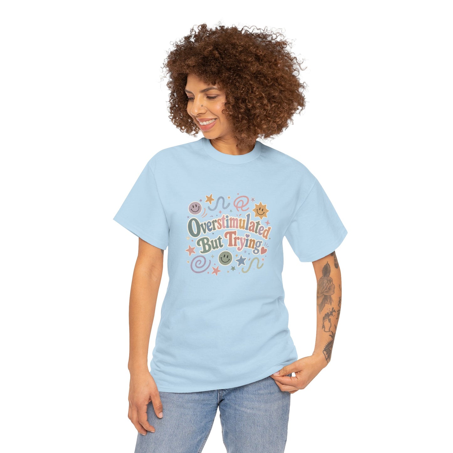 Overstimulated But Trying tee | Funny Mental Health Shirt, Cute Retro Doodles