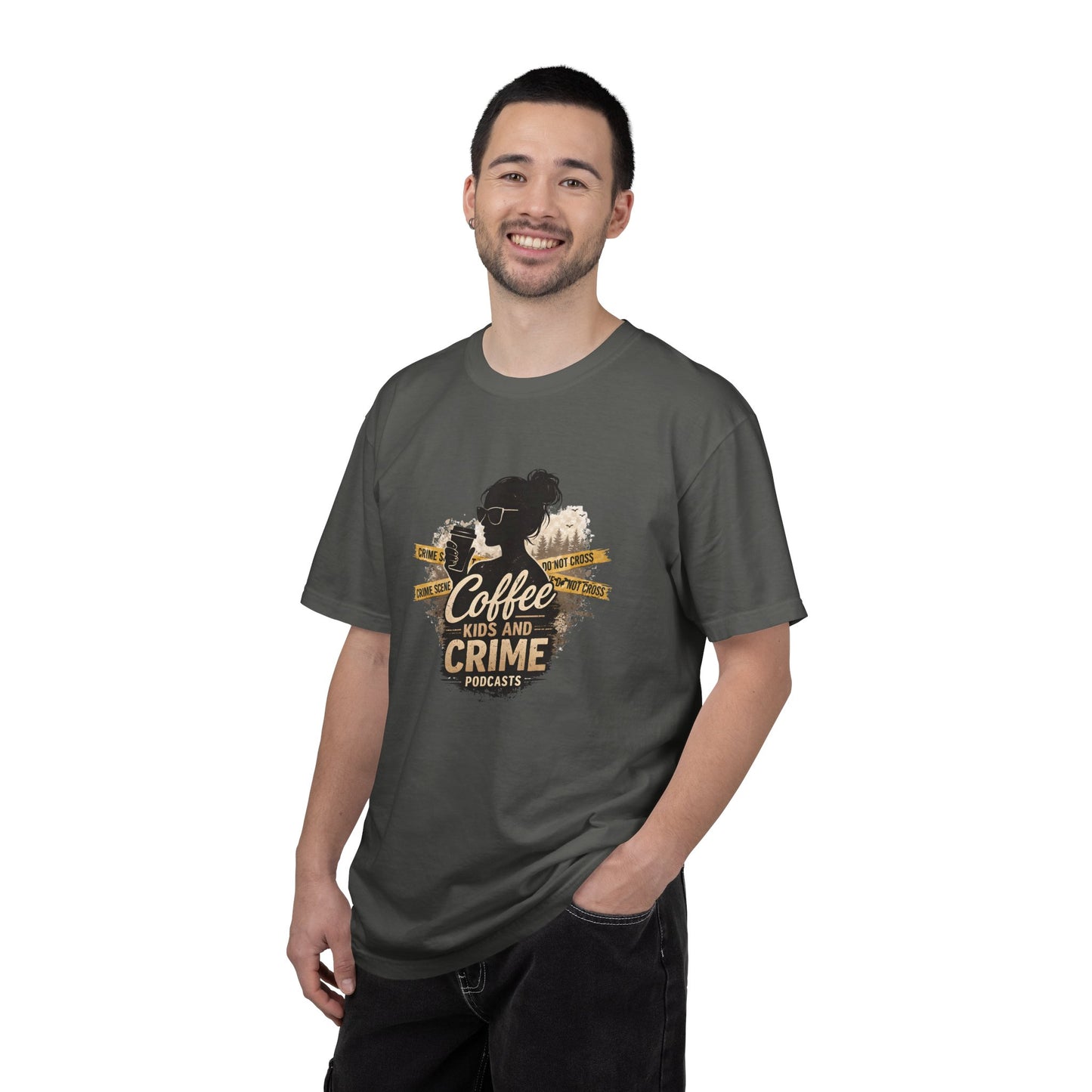Coffee Kids and Crime Podcast Mom T-Shirt | Coffee Mug Silhouette Tee