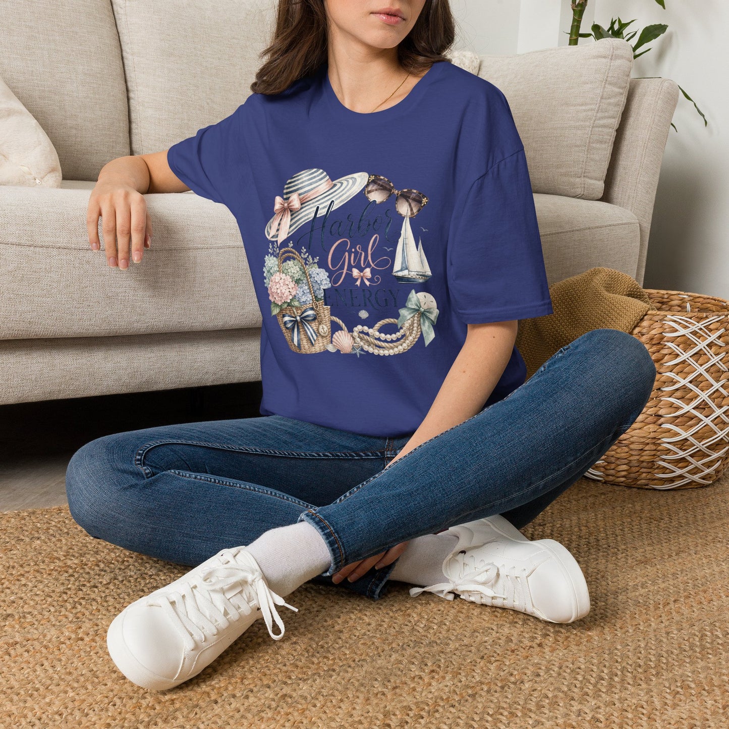Harbor Girl illustration T-Shirt | Nautical hat, sailboat, seashells
