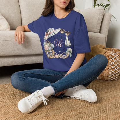 Harbor Girl illustration T-Shirt | Nautical hat, sailboat, seashells