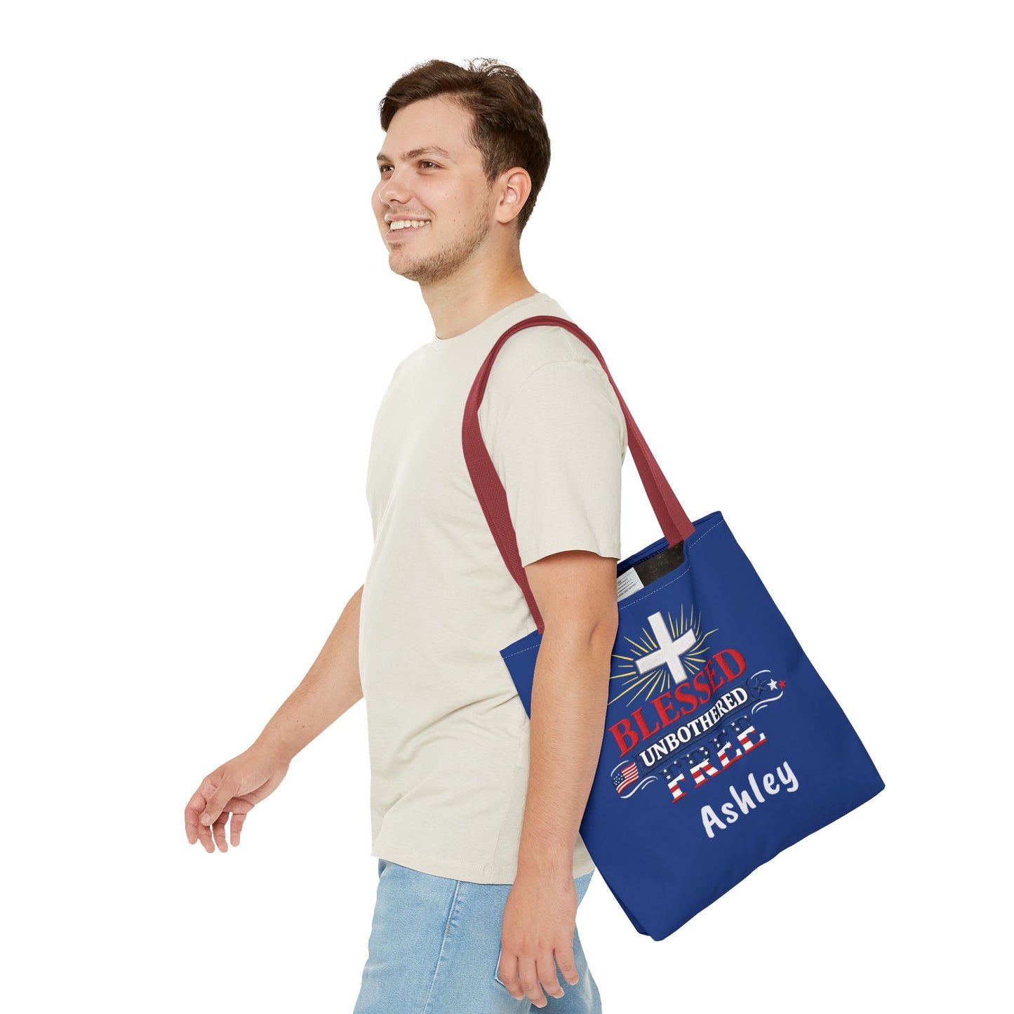 Blessed Unbothered Free Cross tote bag | patriotic faith design