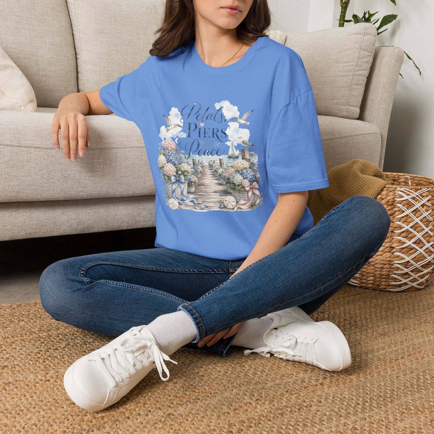 Petals Piers Peace T-Shirt | Coastal Lighthouse Floral Seagulls Design