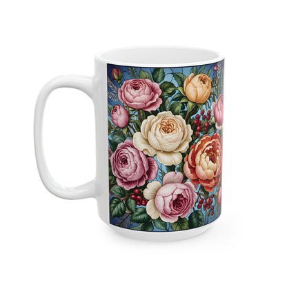 Vintage Rose Floral Pattern Mug | Ceramic Coffee Cup, Botanical Peonies