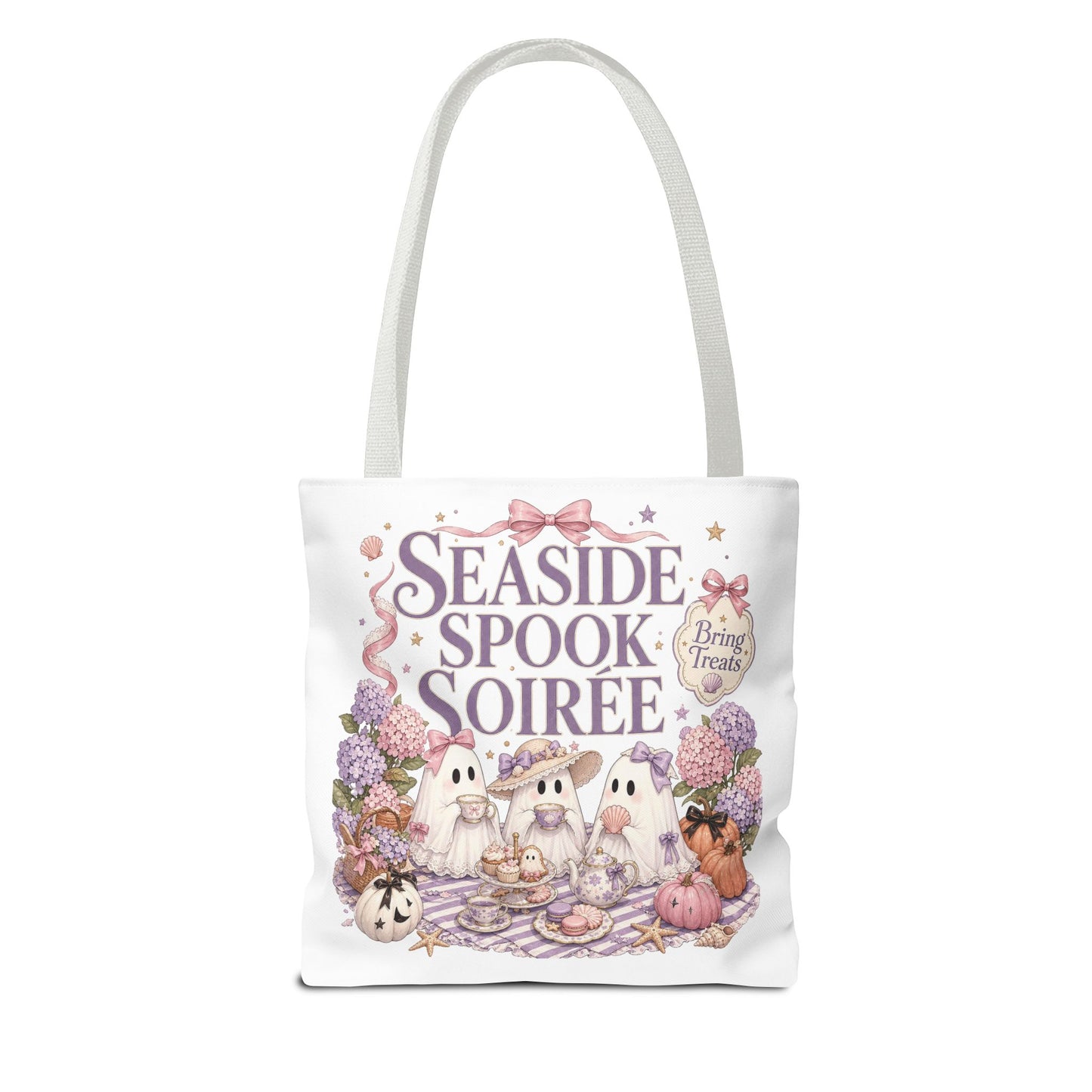 Seaside Spook Soiree Tote Bag | Halloween Ghost Picnic Illustration