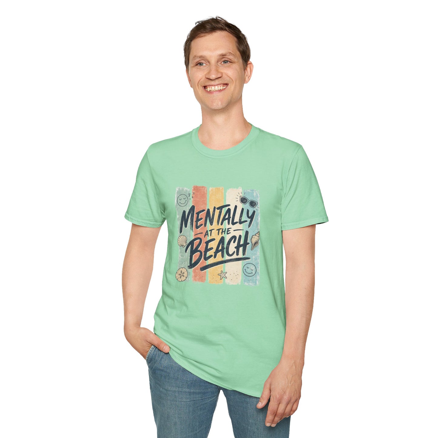 Mentally at the Beach T-Shirt | Retro Stripes, Sunglasses & Seashells