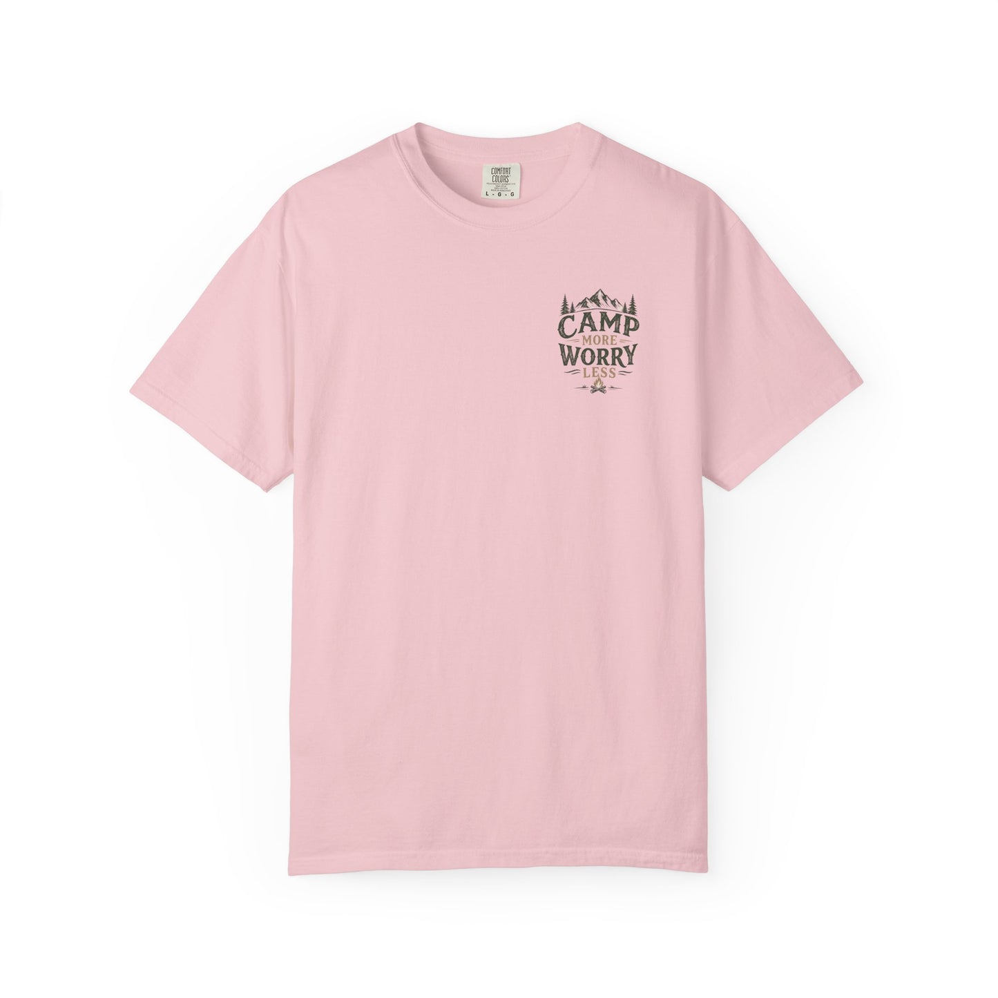 Camp More Worry Less T-shirt | Camping Mountains Pine Trees Design