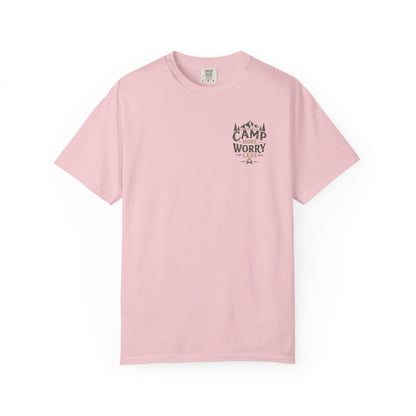 Camp More Worry Less T-shirt | Camping Mountains Pine Trees Design