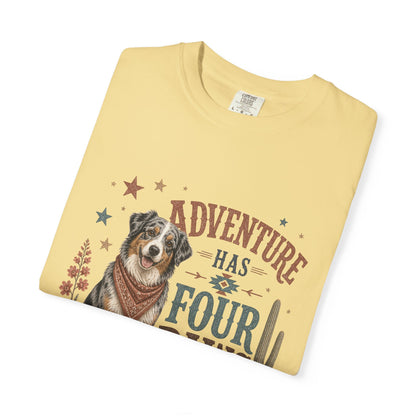 Adventure Has Four Paws T-Shirt | Australian Shepherd Design