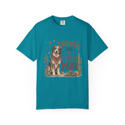 Adventure Has Four Paws T-Shirt | Australian Shepherd Design