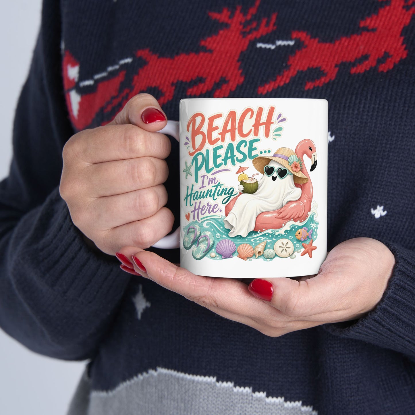 Beach Please Flamingo Mug | Tropical Seashell Vacation Coffee Cup