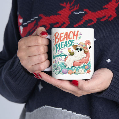 Beach Please Flamingo Mug | Tropical Seashell Vacation Coffee Cup